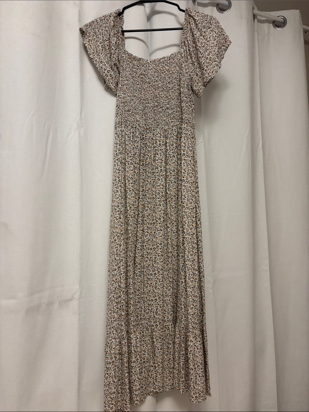 Floral Smocked Maxi Dress in Beige and Brown